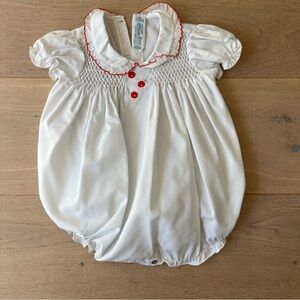 Feltman Brothers smocked heirloom bubble romper baby girl white red cherries